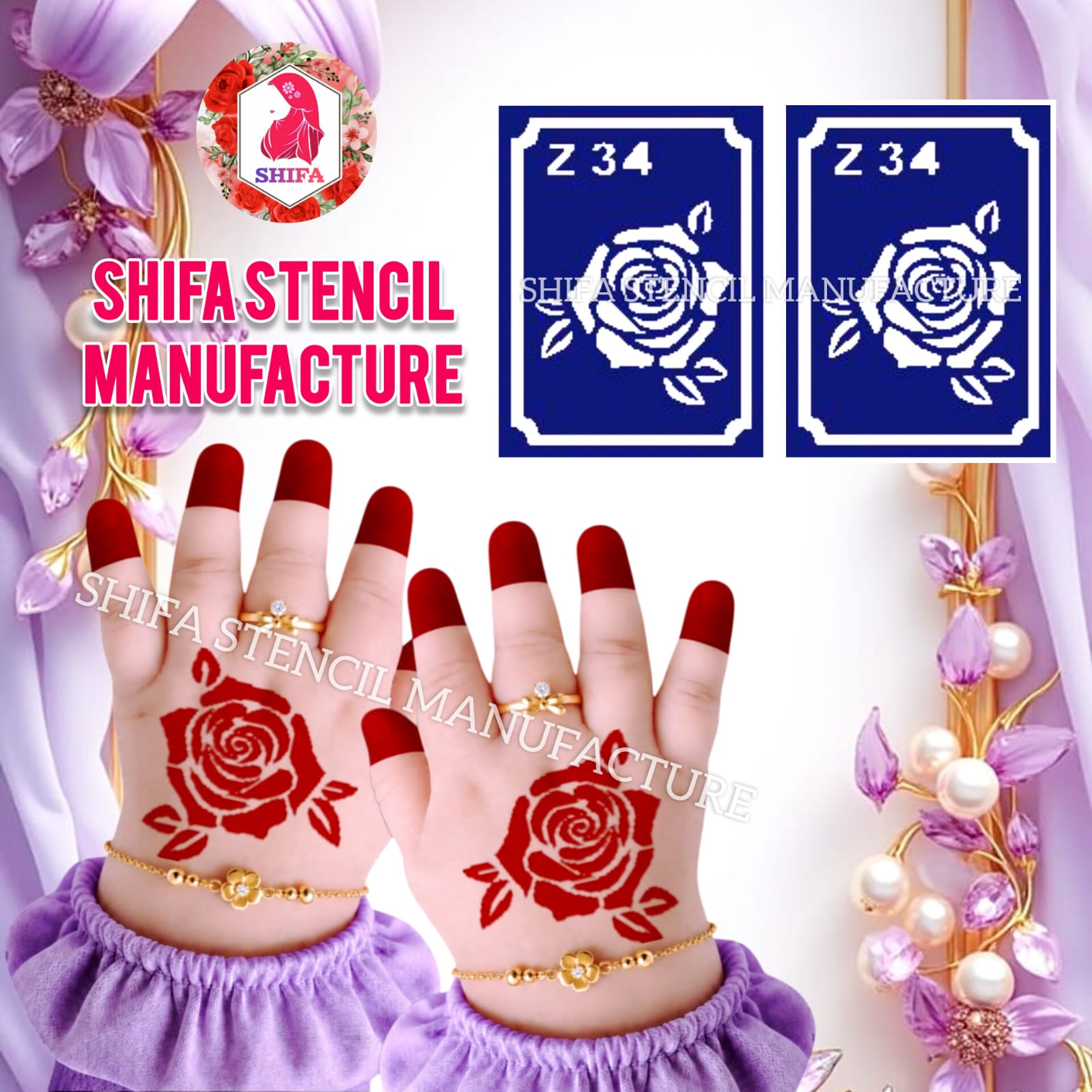 Z 34 Traditional Rose Swirl - Sticker overview - Shifa Stencil Manufacturer